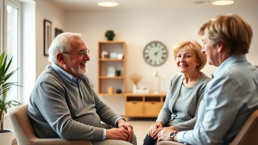 Three people engaged in conversation.