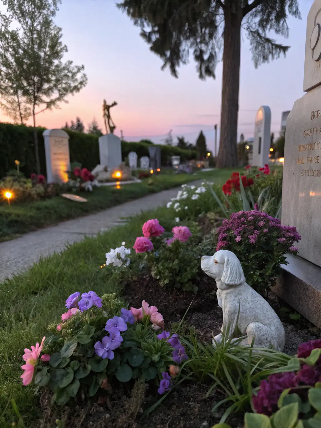 A serene image of a well-maintained cemetery with a beautiful sunset, representing the peace of mind that comes with pre-planning final arrangements.