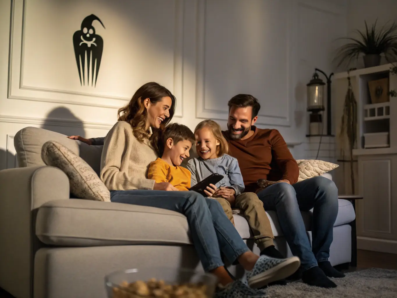 A comforting image of a family gathered in their living room, emphasizing the security and peace of mind that mortgage protection insurance provides. The scene is warm and inviting, with soft lighting.
